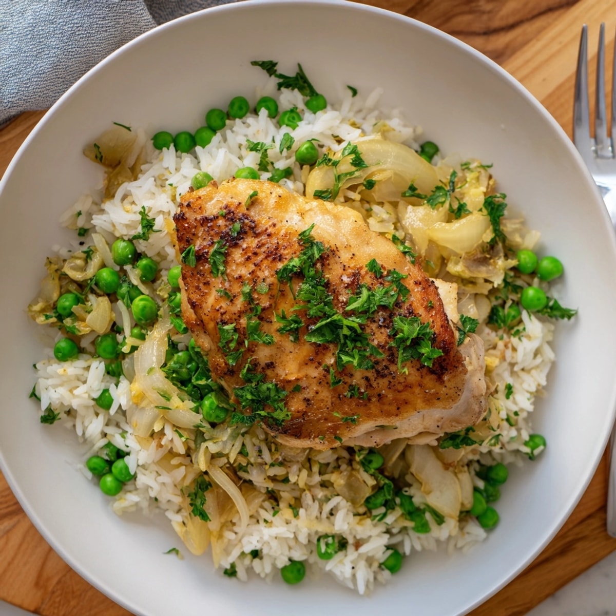 One-pot creamy lemon chicken and rice served hot in a skillet, garnished with fresh parsley.
