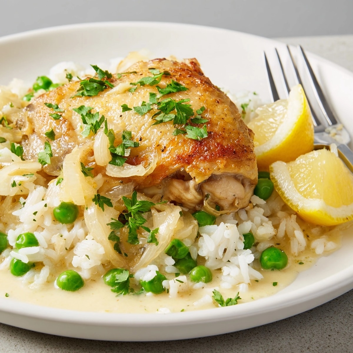 Creamy lemon chicken and rice cooked to perfection, showcasing juicy chicken and vibrant peas.