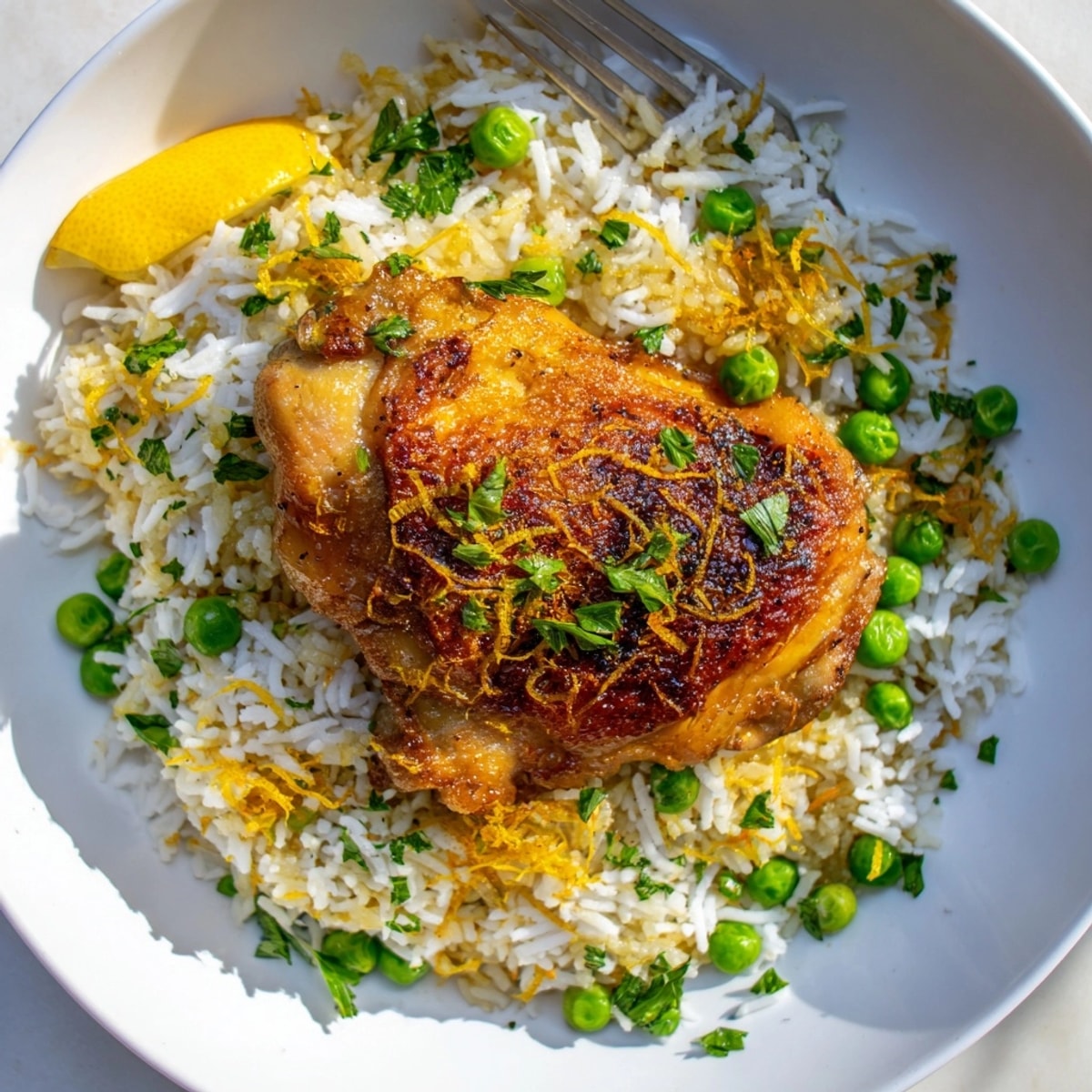 Bowl of one-pot creamy lemon chicken and rice with zesty aroma and silky sauce steaming.