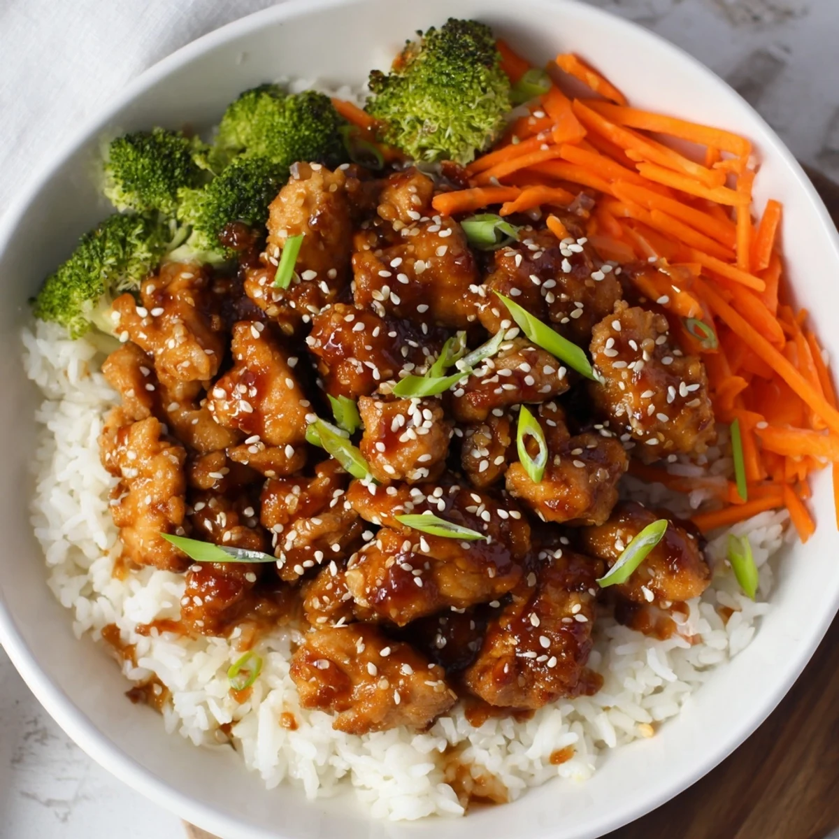 Golden chicken teriyaki bowls filled with tender rice, crisp vegetables, and sesame seeds.