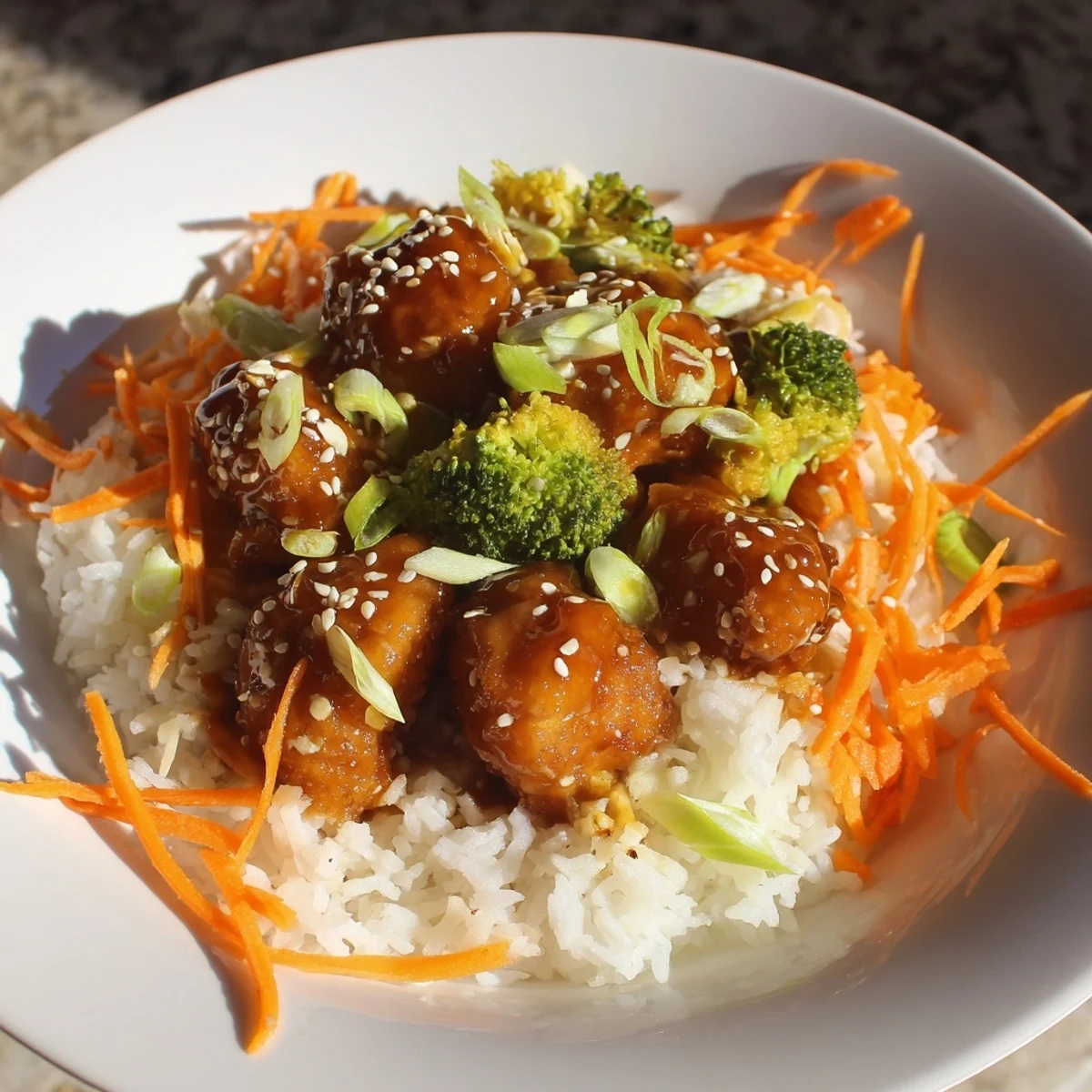 Delicious Easy 20-Minute Chicken Teriyaki Bowls with glistening sauce and fresh green onions.