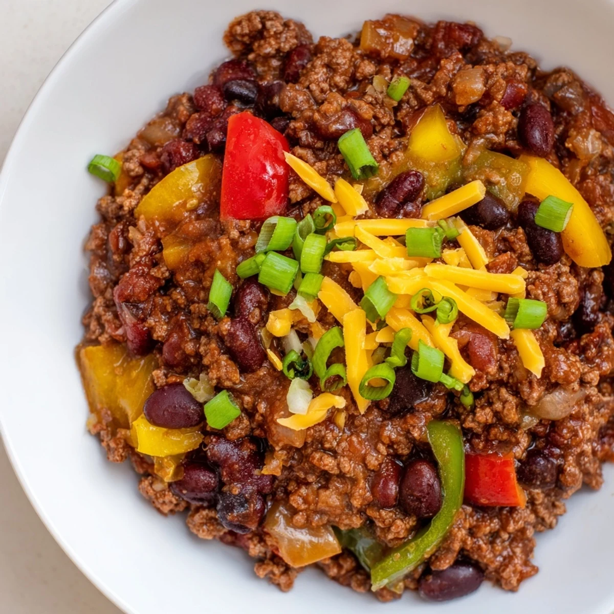 Steaming bowl of Simple Weeknight Chili topped with cheddar and fresh green onions, delicious!