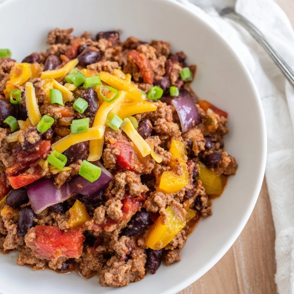 Hearty Simple Weeknight Chili, perfect for a cozy dinner, with a spoon ready to serve.