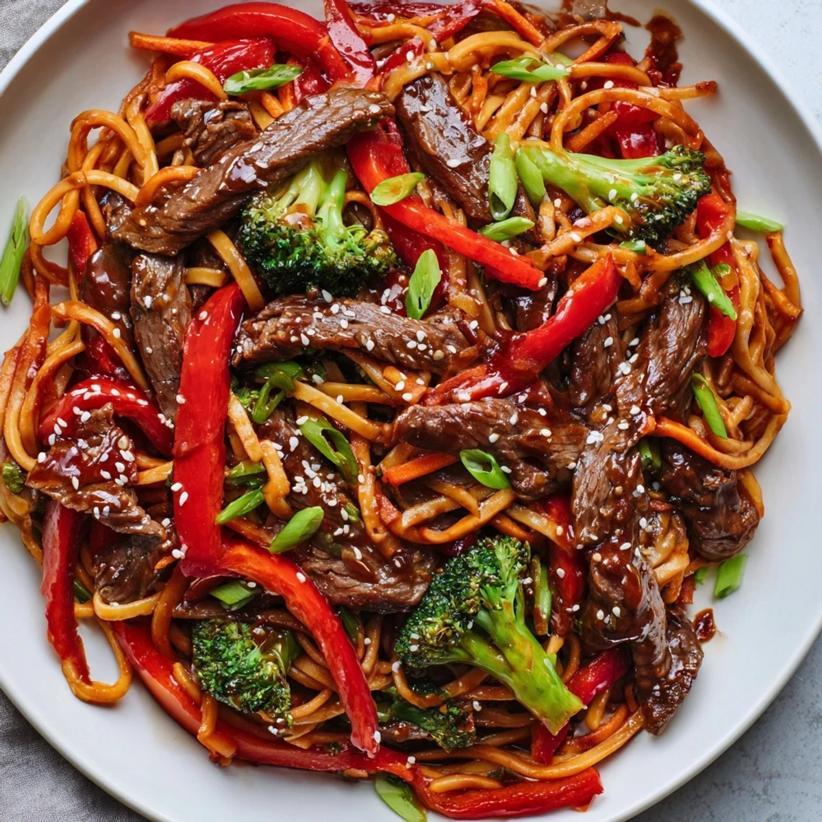 A sizzling pan of Easy Beef Stir-Fry with Lo Mein Noodles, ready for a delicious, quick dinner.