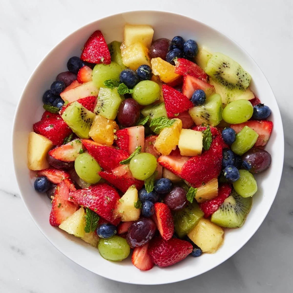 Close-up of a refreshing fruit salad with a drizzle of dressing, ready to enjoy as a dessert.