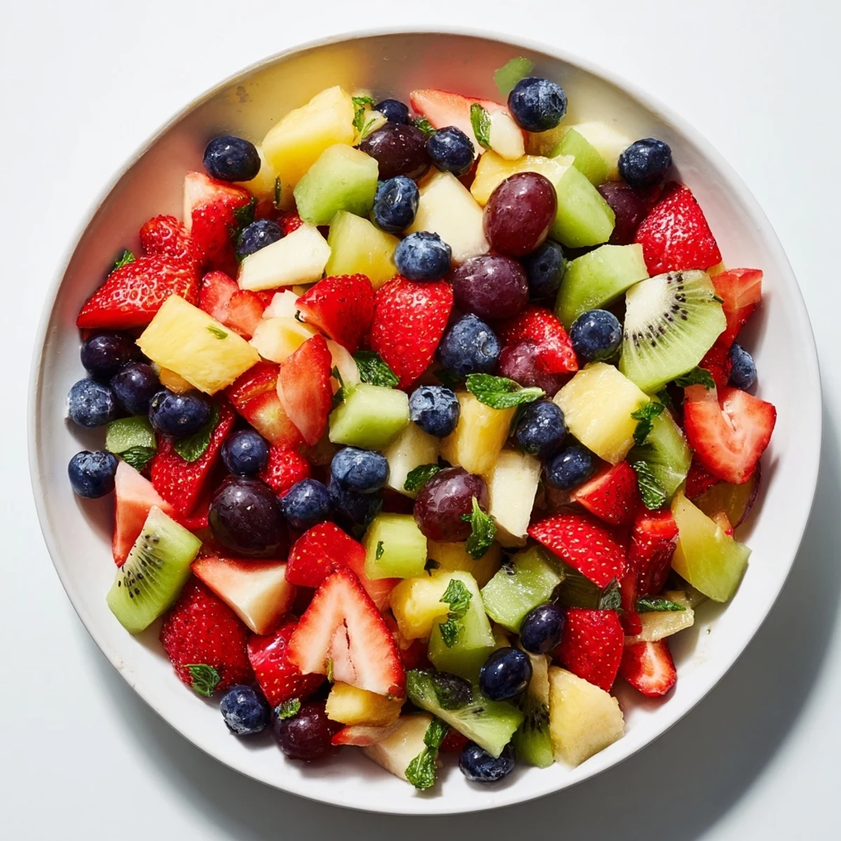 A colorful bowl showcases refreshing fruit salad with juicy strawberries, blueberries and pineapple.