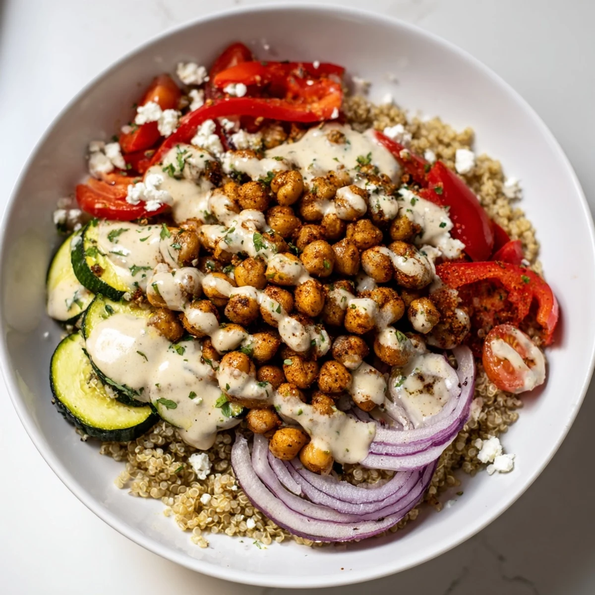 Mediterranean Chickpea and Veggie Grain Bowl: A colorful bowl of roasted vegetables and chickpeas, ready to enjoy.