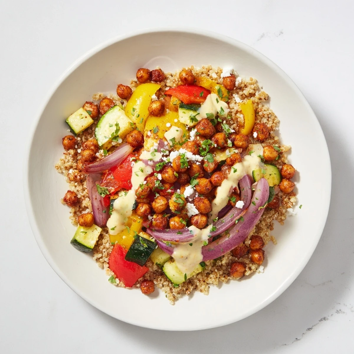 Mediterranean Chickpea and Veggie Grain Bowl: Vibrant and delicious, featuring a creamy lemon-tahini dressing and fresh parsley.