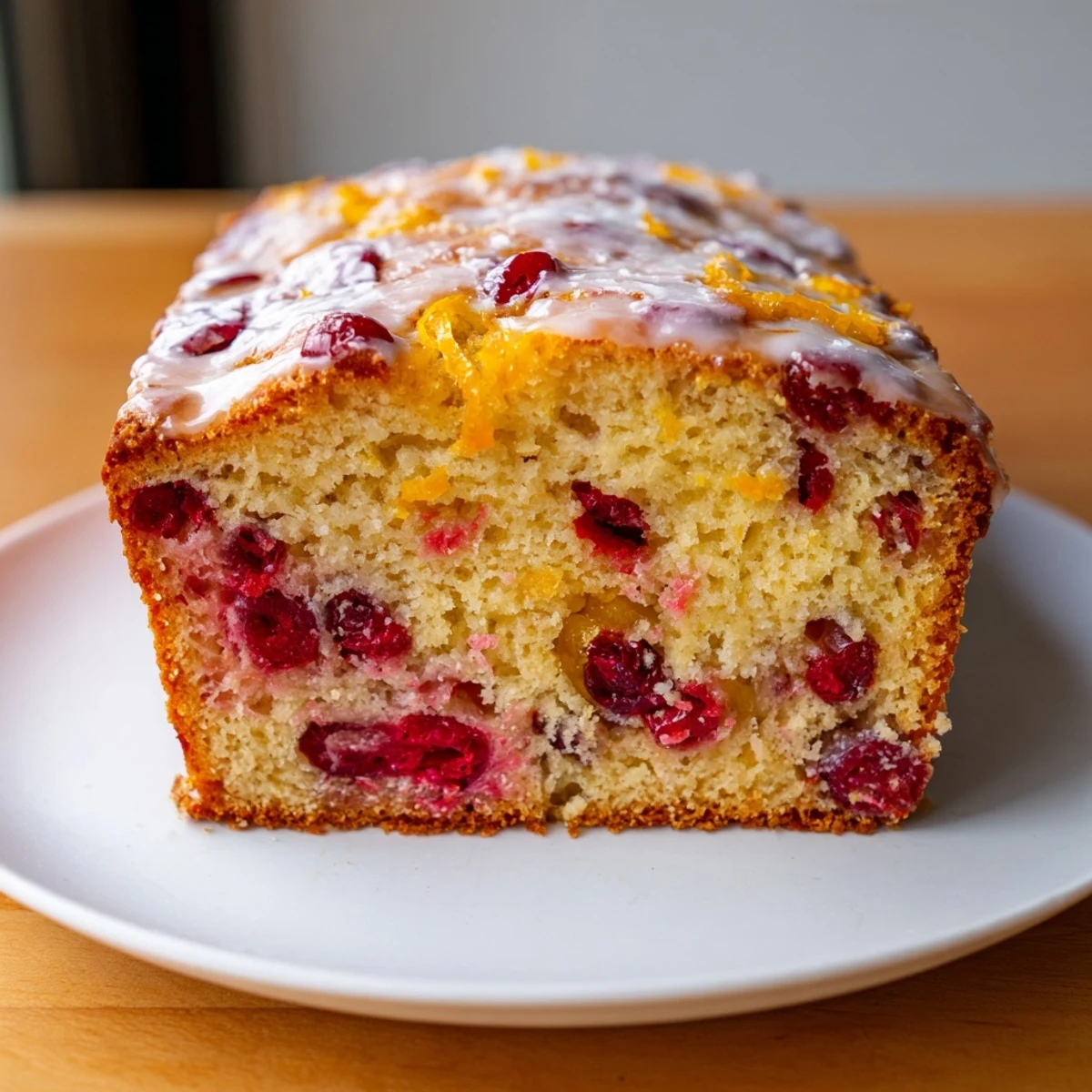 Golden, moist slices of Seasonal Cranberry and Orange Bread, studded with bright red cranberries.