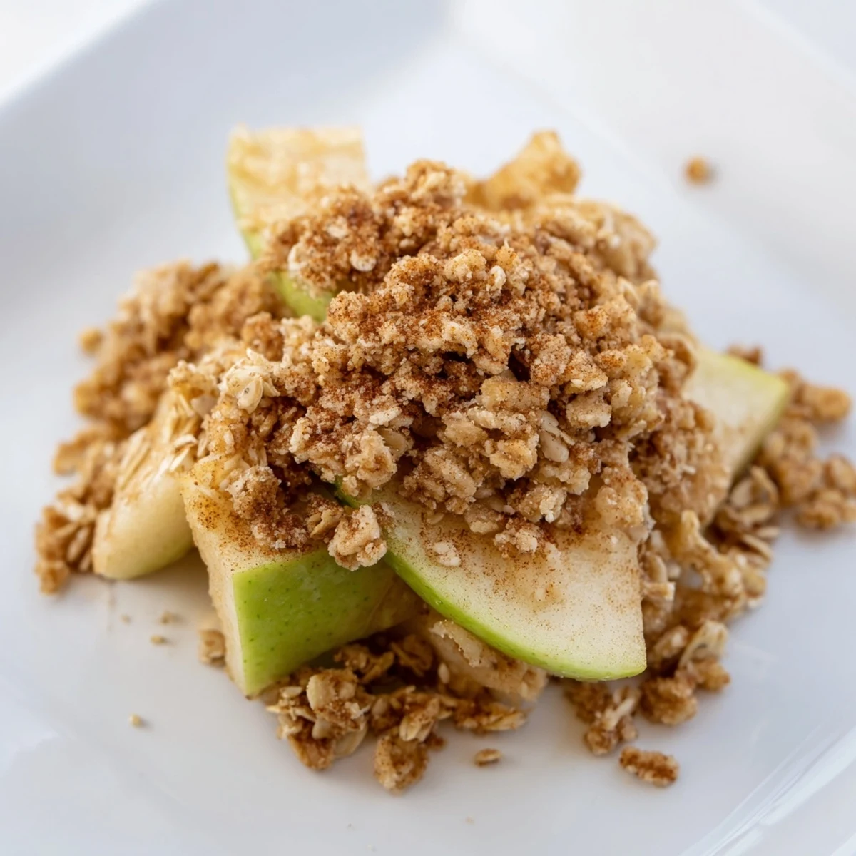Close-up of freshly baked Rustic Apple and Cinnamon Crumb Bake, a comforting dessert with a crispy topping.