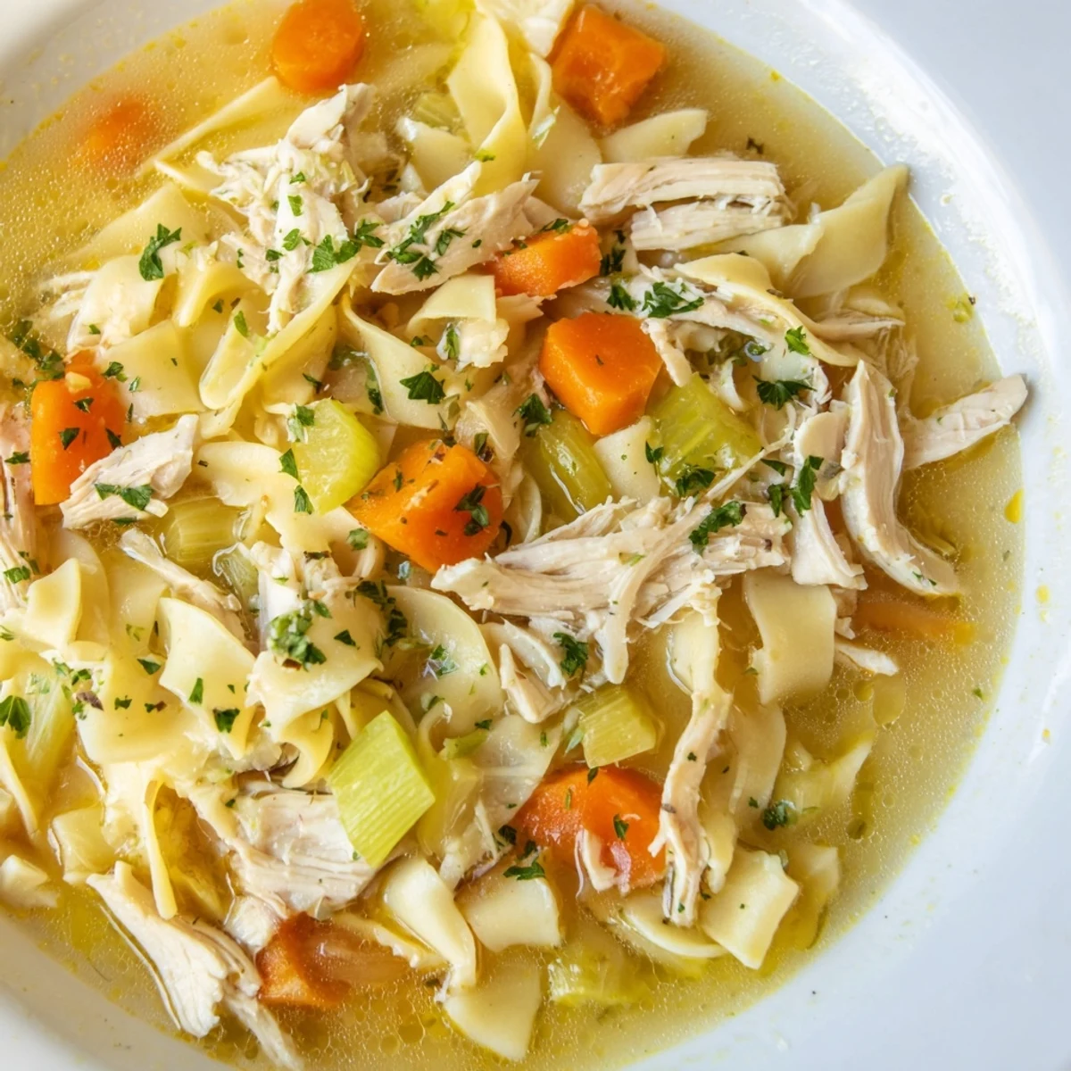 A large bowl of homemade Cozy Chicken Noodle Soup with fresh parsley garnish, a hearty winter meal.