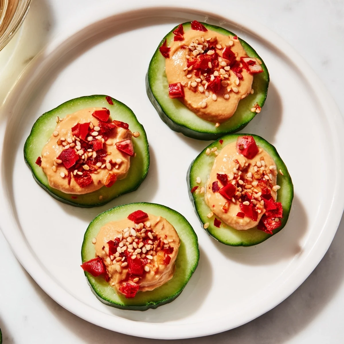 Fresh Quick Hummus and Cucumber Bites appetizer, colorful with parsley and olives, perfect party food.