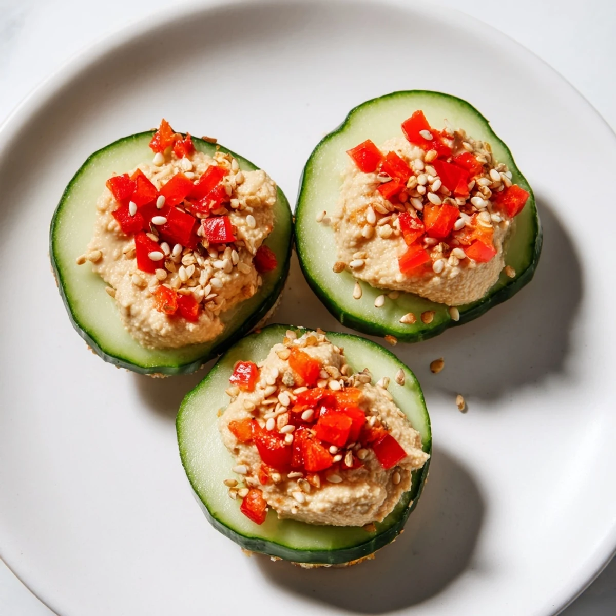 Quick Hummus and Cucumber Bites: cool cucumber rounds topped with creamy hummus, garnished with red pepper.