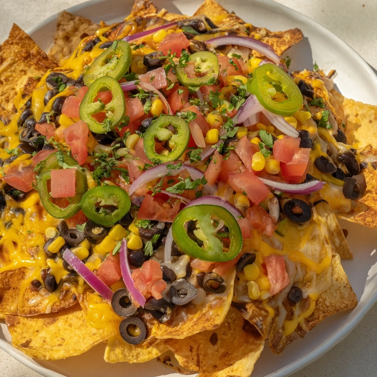 A generous platter of sheet pan nachos, showcasing melted cheese, colorful toppings, and fresh cilantro.