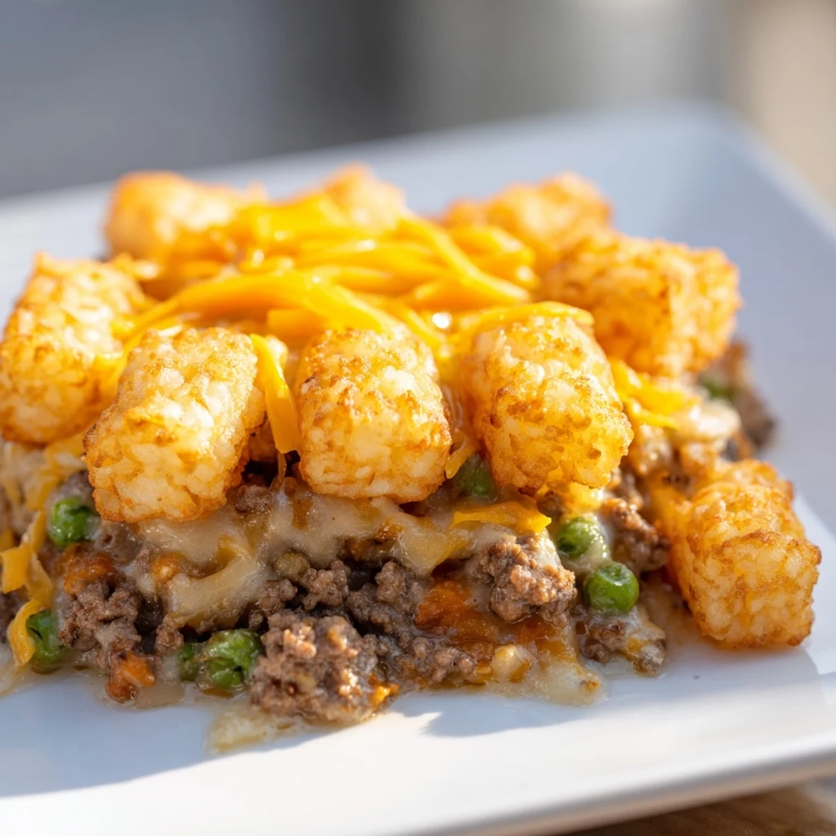 Golden, crispy tater tots crown a savory Family Favorite Tater Tot Casserole bubbling with cheesy goodness.