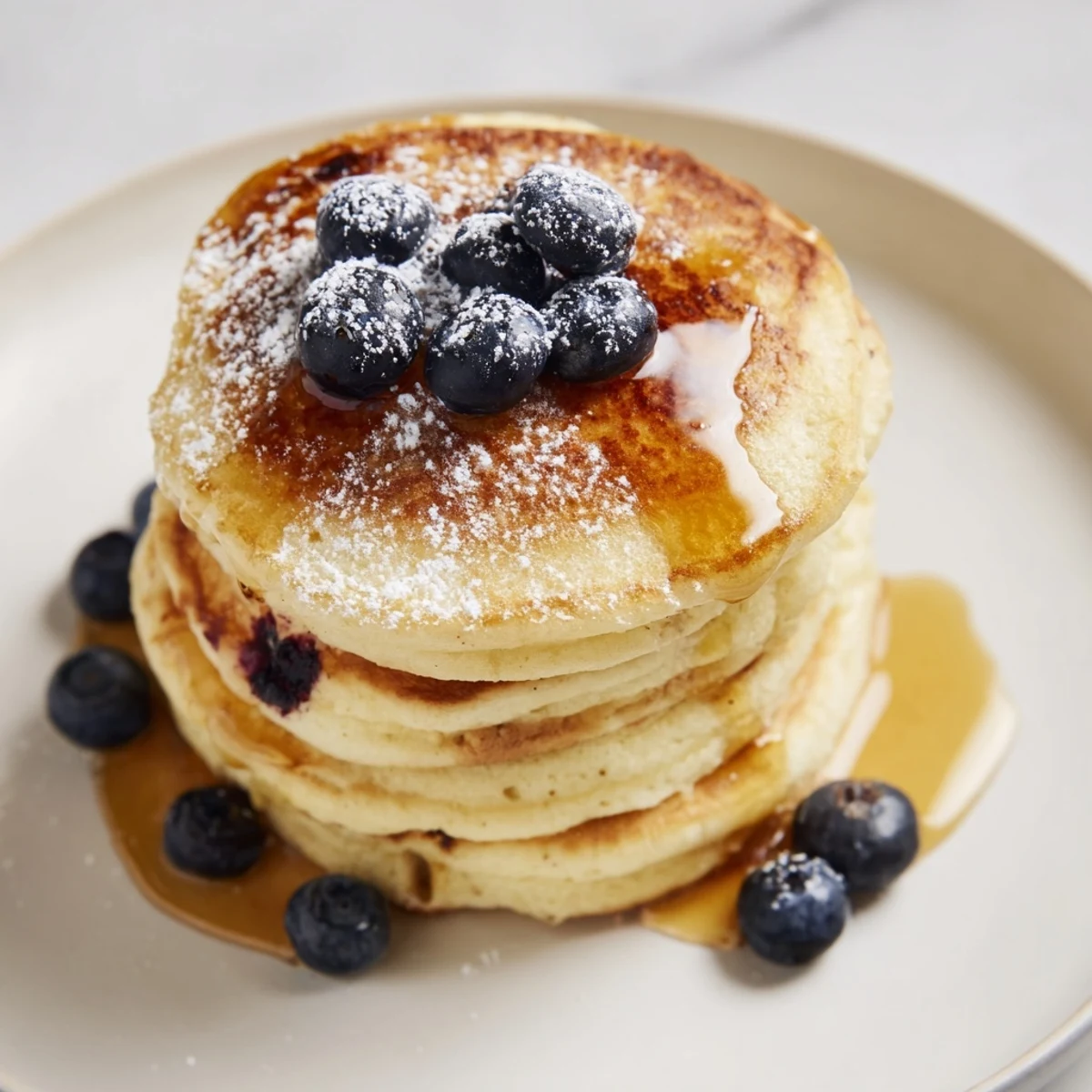 Fluffy Light and Fluffy Ricotta Pancakes, golden brown and stacked high, drizzled with maple syrup.