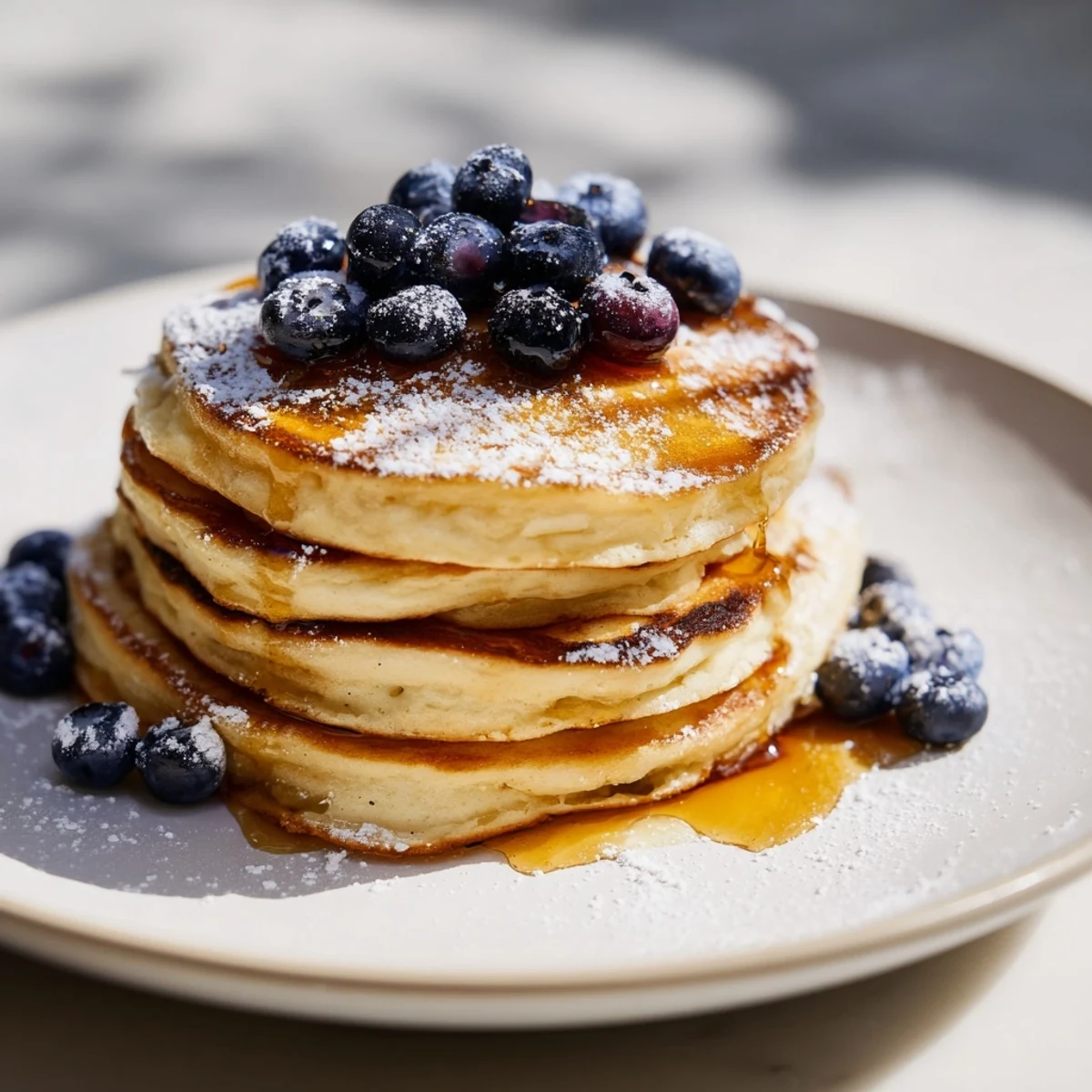 Delicious, homemade Light and Fluffy Ricotta Pancakes, a breakfast delight served with fresh berries.