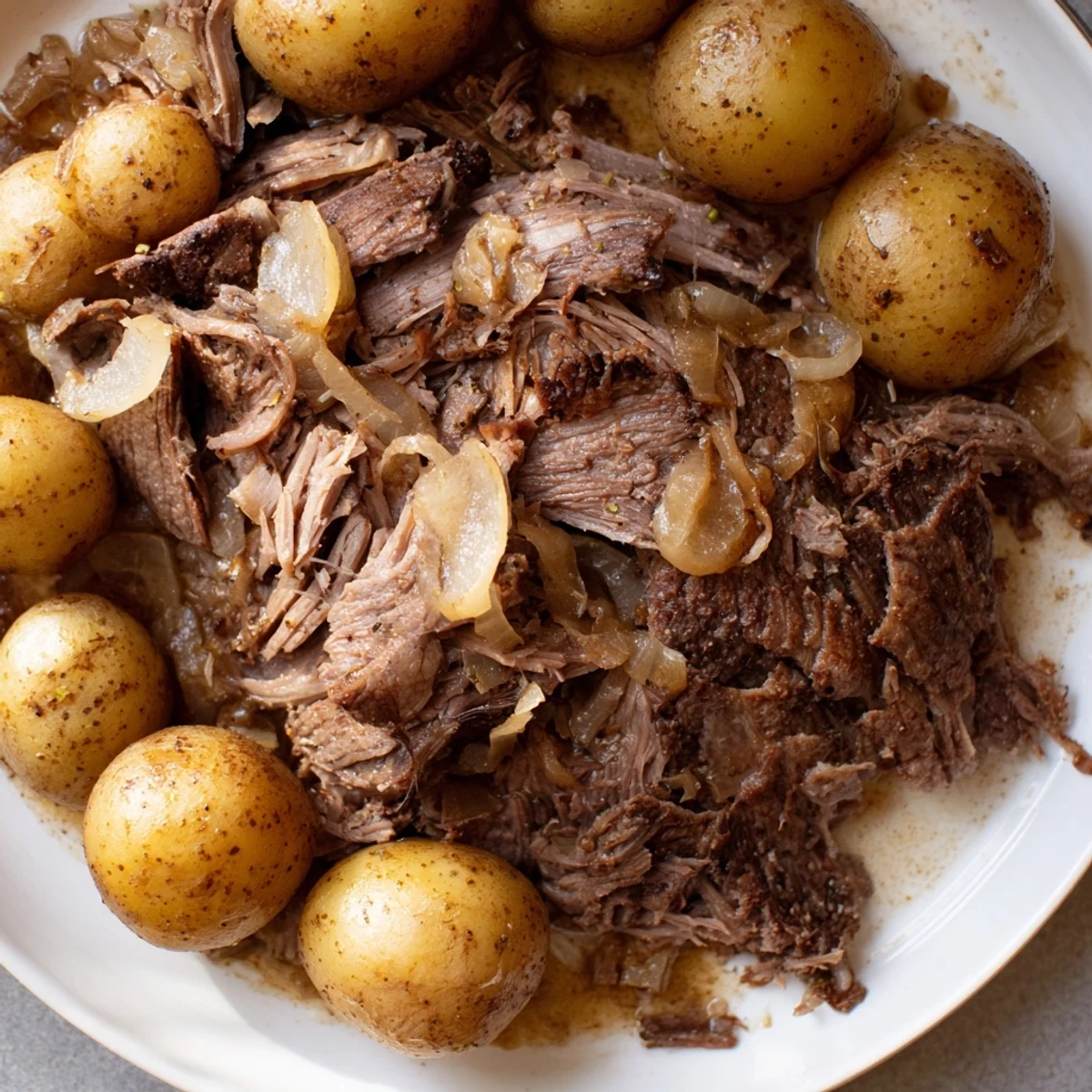 Fork-tender Simple 4-Ingredient Slow Cooker Pot Roast, seasoned with onion soup mix, ready to serve.