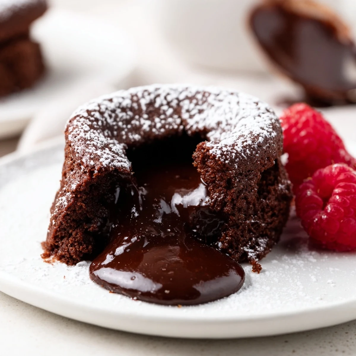 A plate of individual, delicious Mini Chocolate Lava Cakes, dusted with powdered sugar and fresh berries.
