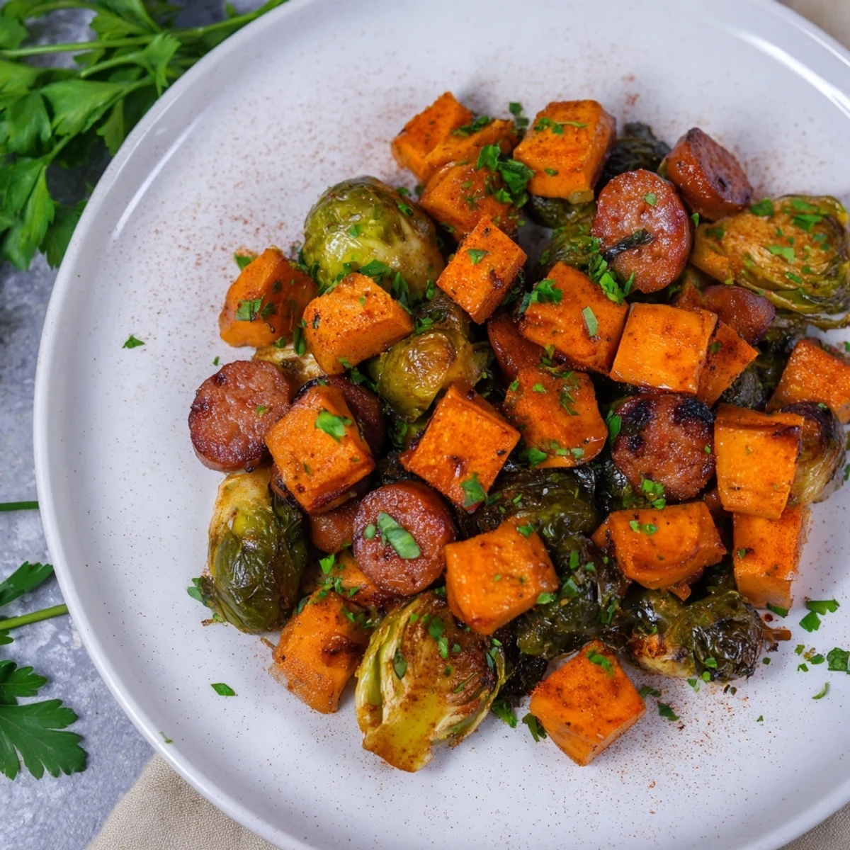 Sheet pan sausage, sweet potato, and Brussels sprouts, a colorful, roasted dinner with crispy edges.