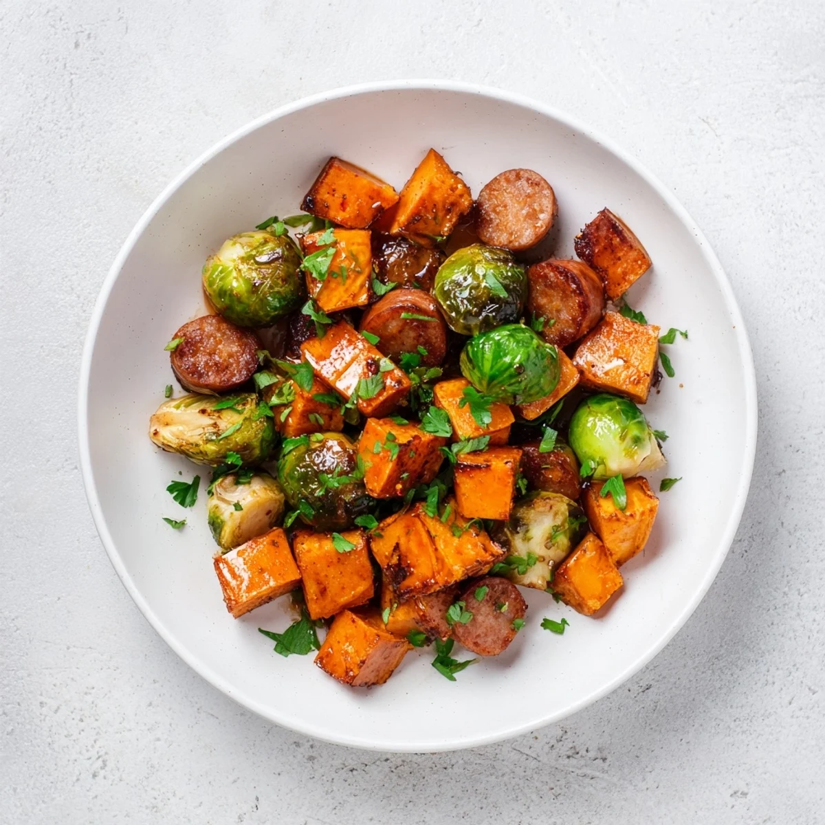 Tender sheet pan sausage, sweet potato, and Brussels sprouts nestled together, aromatic from roasting spices.