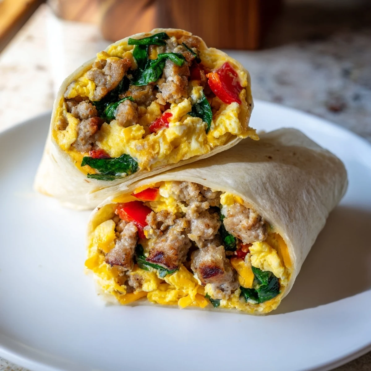 Make-Ahead Breakfast Burritos in the photo, bursting with cheesy eggs and savory sausage.