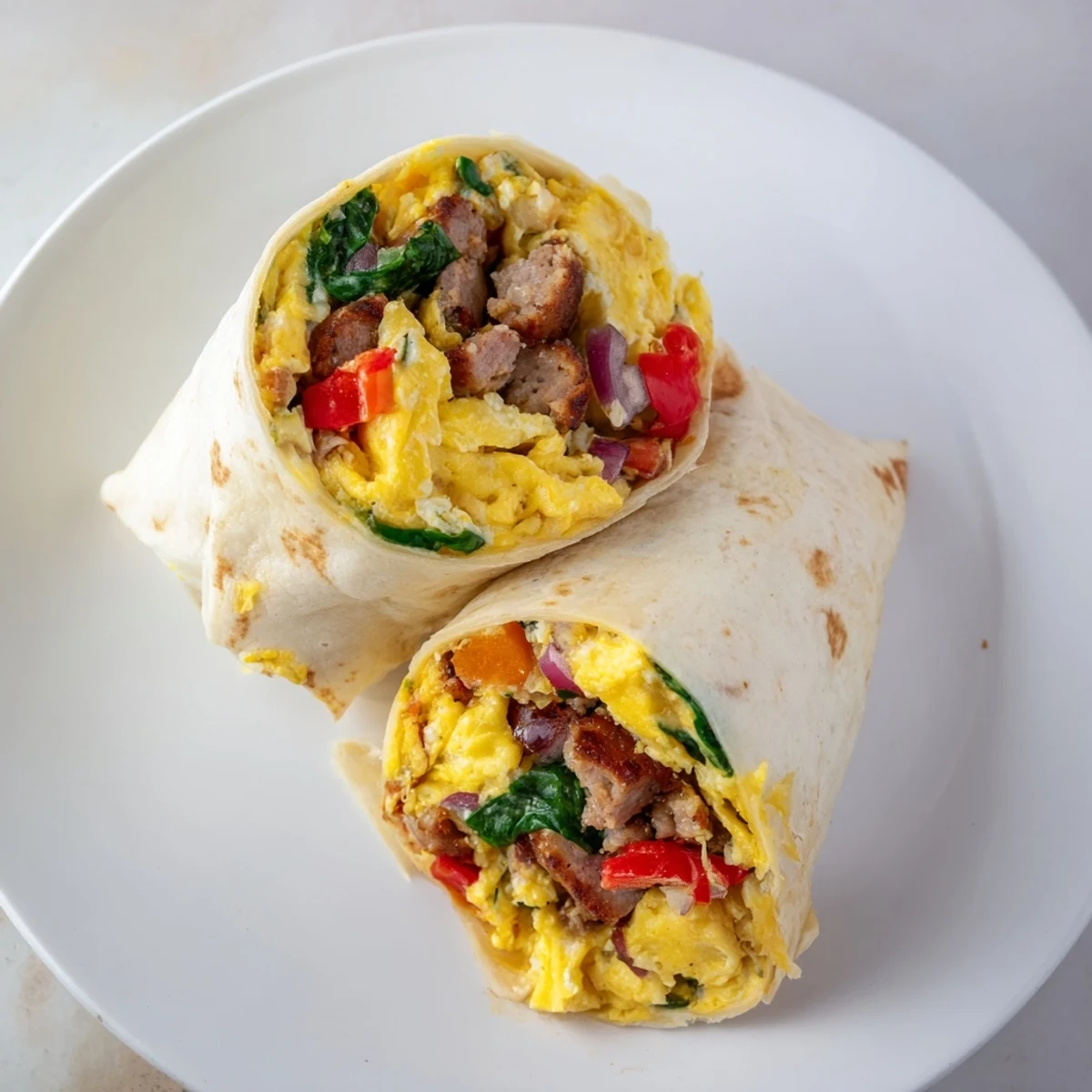 Perfectly wrapped Make-Ahead Breakfast Burritos, showing the colorful filling of eggs, veggies, and meat.
