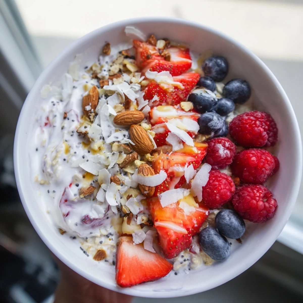 Creamy overnight oats with berries and chia seeds, a refreshing and delicious make-ahead breakfast.