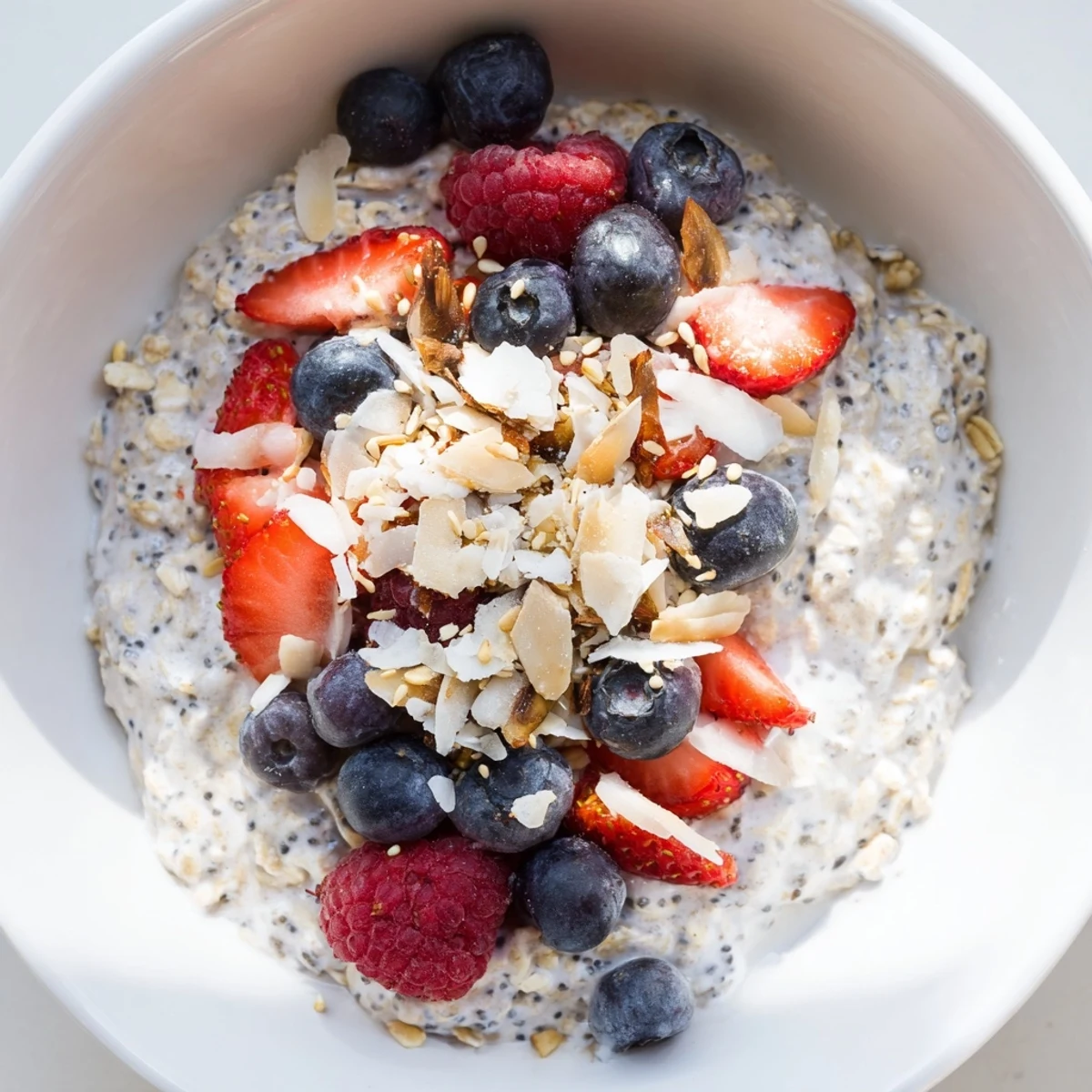 Enjoy a healthy breakfast of overnight oats with berries and chia seeds, cool and ready to eat.