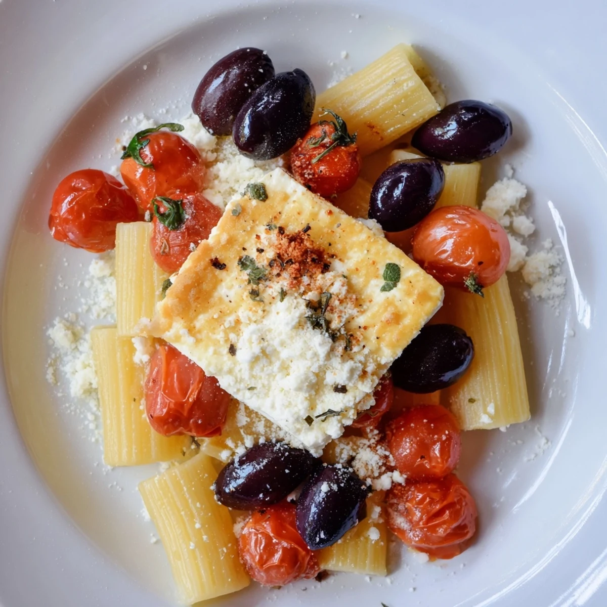 Creamy baked feta pasta with burst cherry tomatoes, olives, and herbs, a Mediterranean delight!