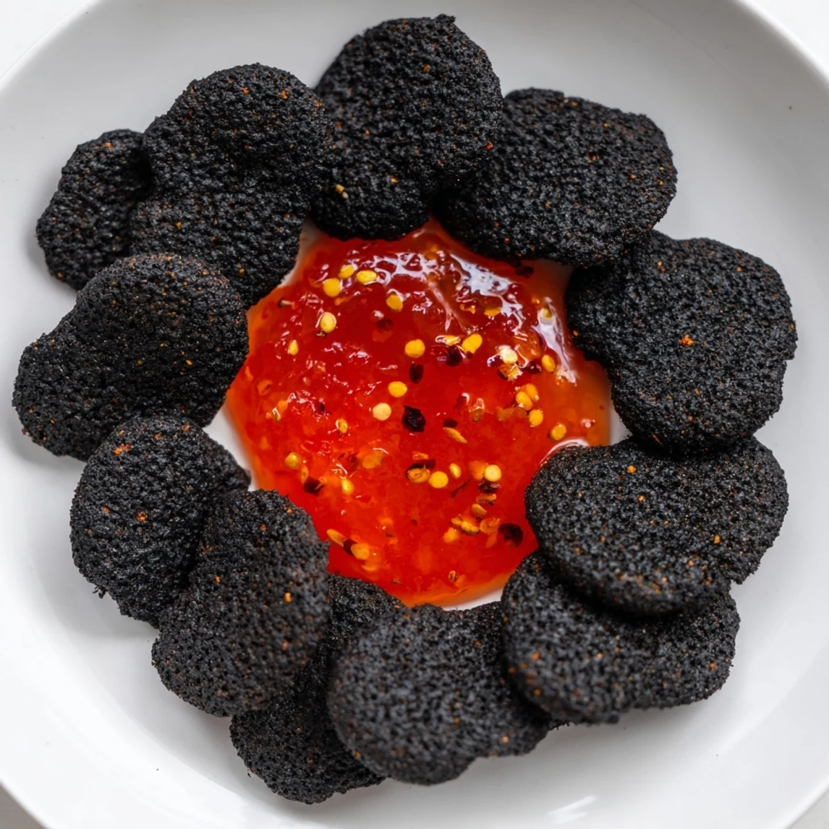 Black crackers surround the spicy red pepper jelly “Volcanic Flow,” a dramatic appetizer with a fiery presentation.
