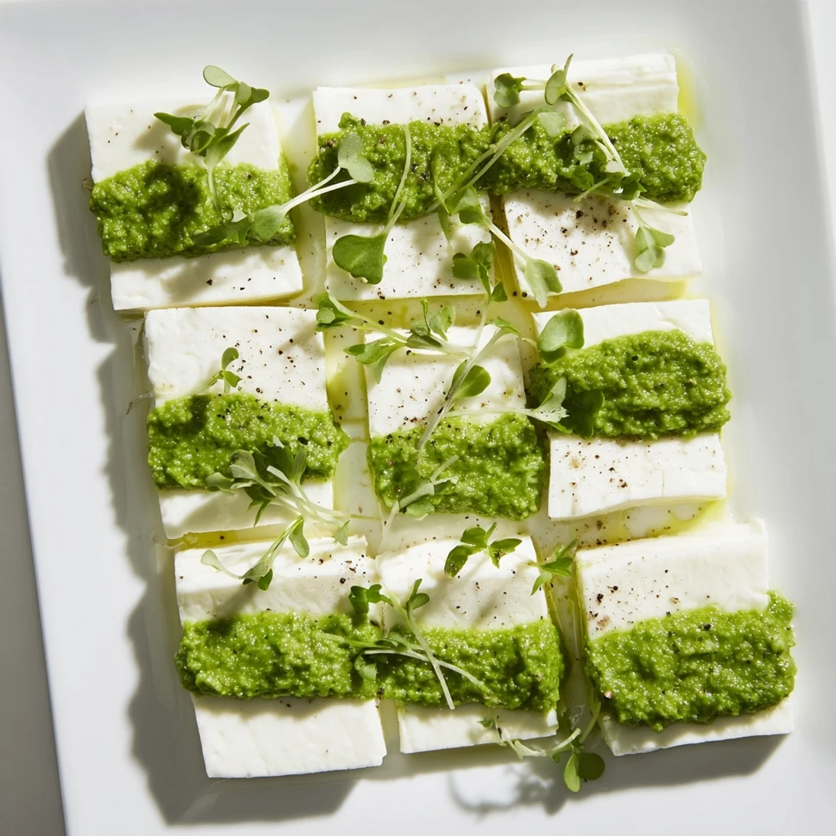 Vibrant green herb squares border creamy white cheese in this elegant Checkerboard Garden presentation.