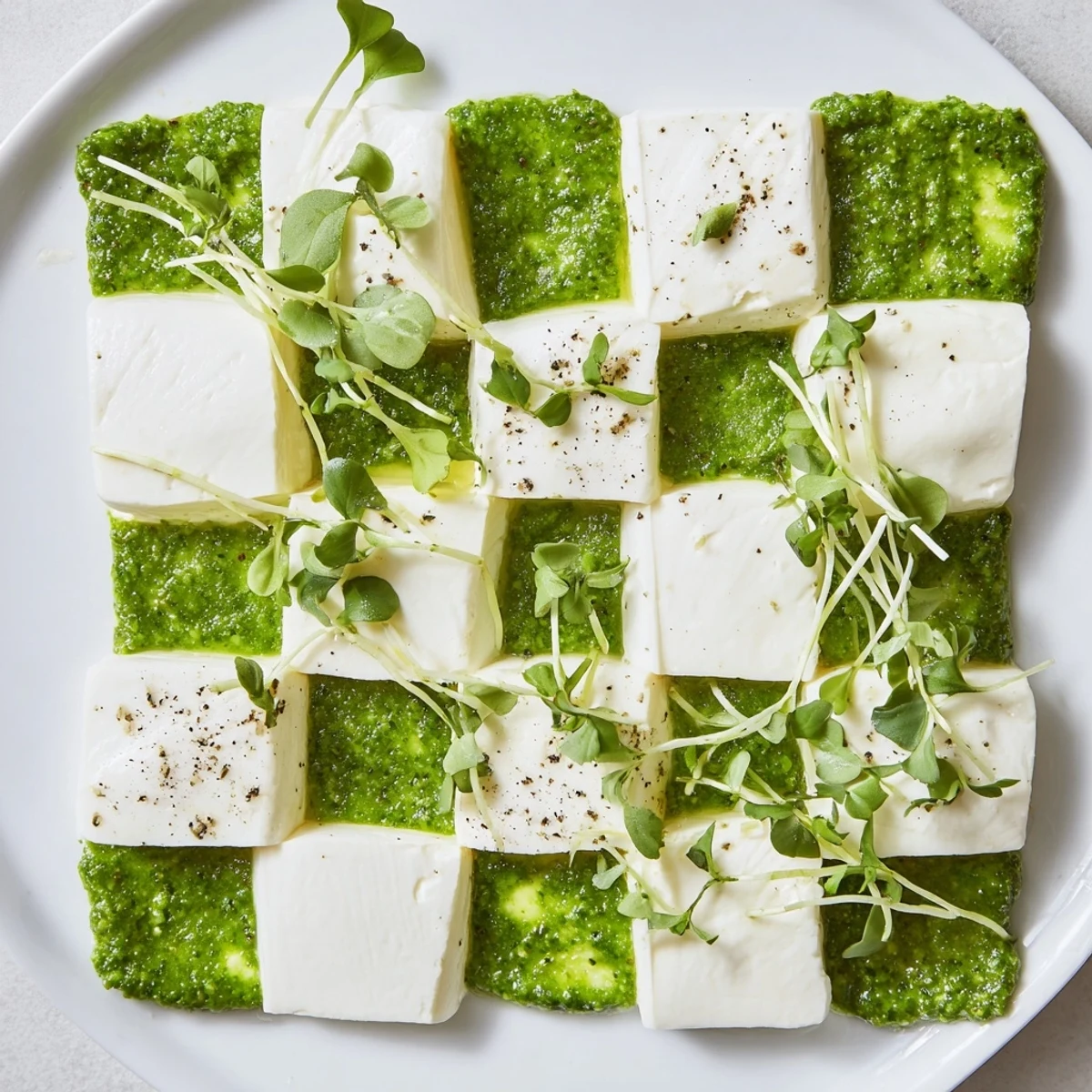 Checkerboard Garden appetizer, a visually appealing arrangement featuring fresh cheese and herby squares.