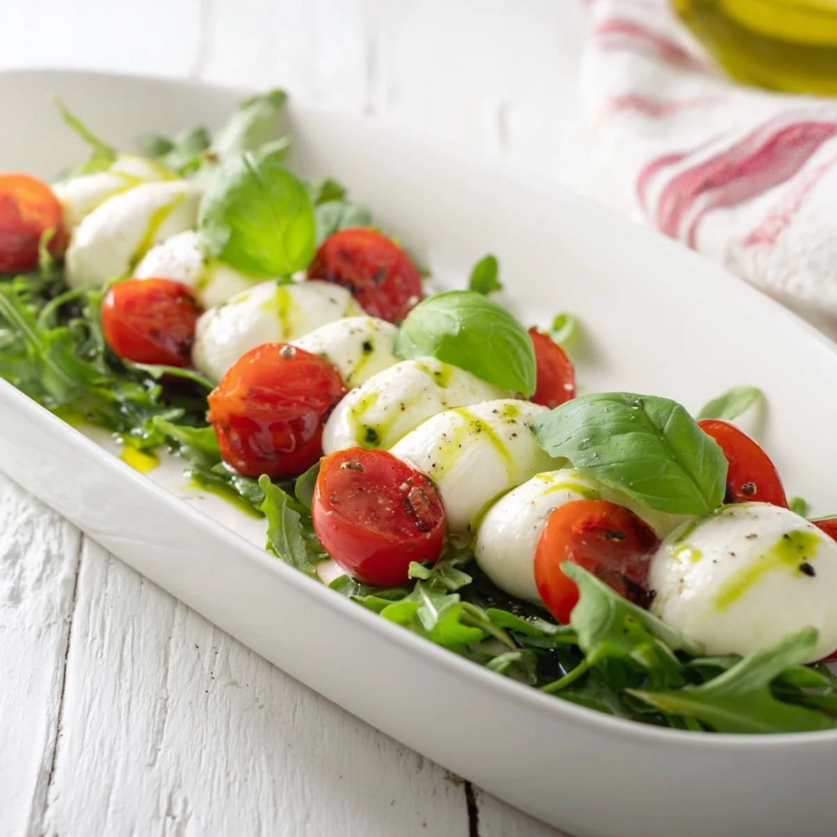Fresh and vibrant Pearly Strand salad, with mozzarella pearls and balsamic glaze, ready to serve.
