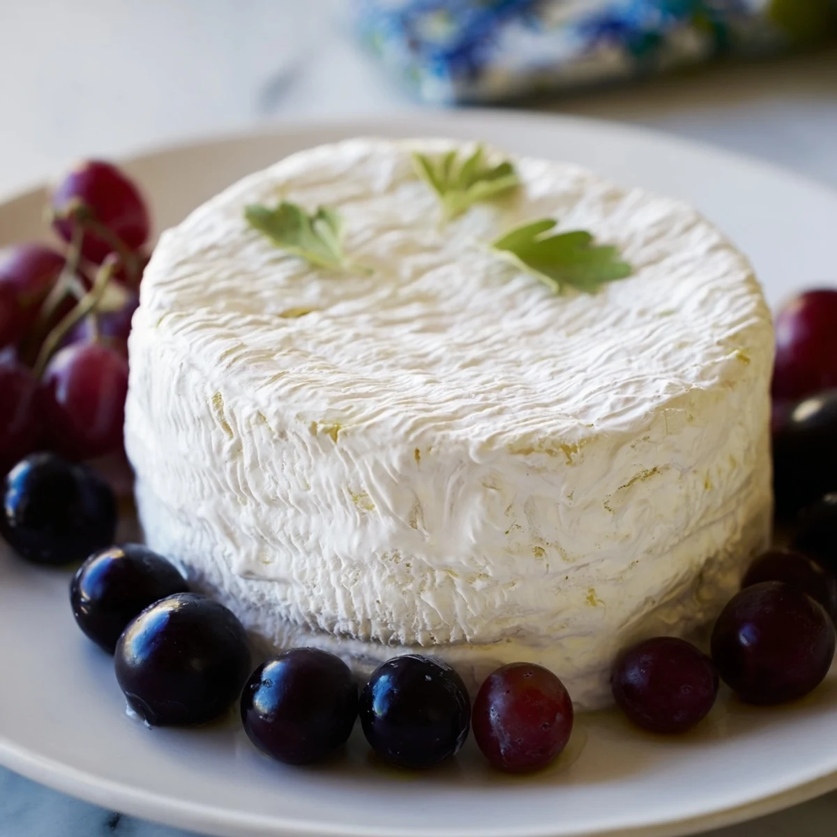 Creamy yogurt surrounds a floating island The Floating Island, garnished with glistening black grapes.