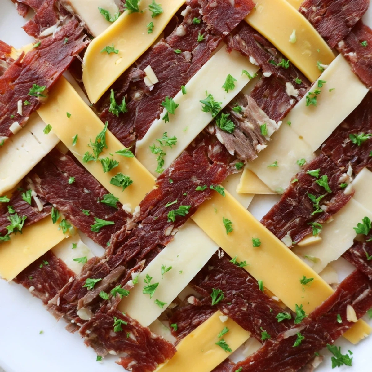 The vibrant The Tartan Plaid appetizer with interwoven jerky and cheese strips for an inviting party snack.