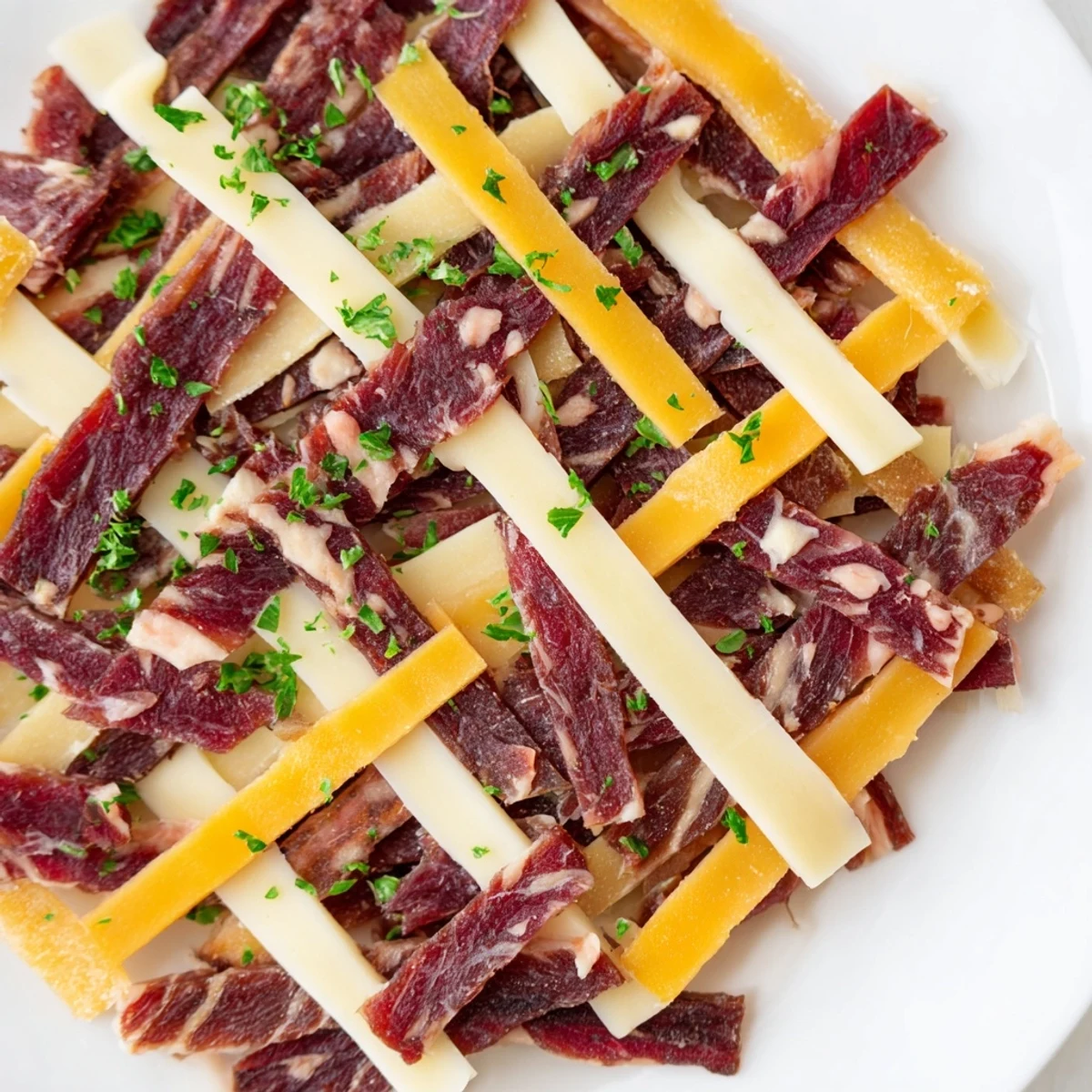 Delicious The Tartan Plaid: savory jerky and cheese layers artfully arranged on a serving platter.