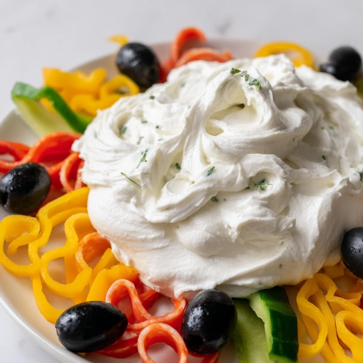 A beautiful Medusa Curls platter with creamy dip center and colorful, curled meats.