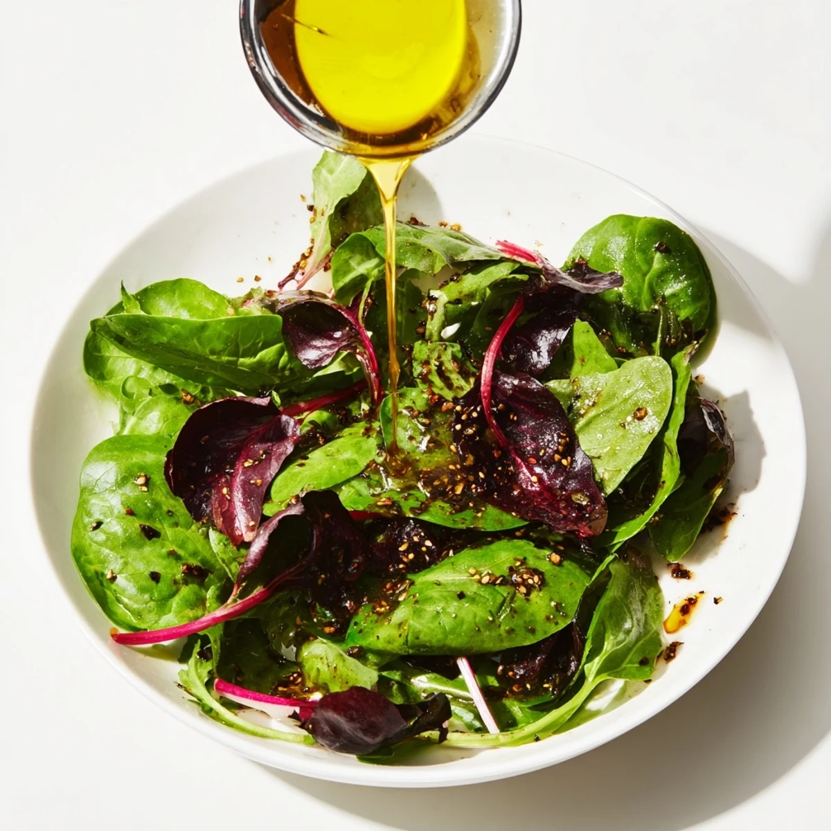 Simple honey vinaigrette salad dressing drizzled over a fresh, vibrant green salad with crunchy vegetables.
