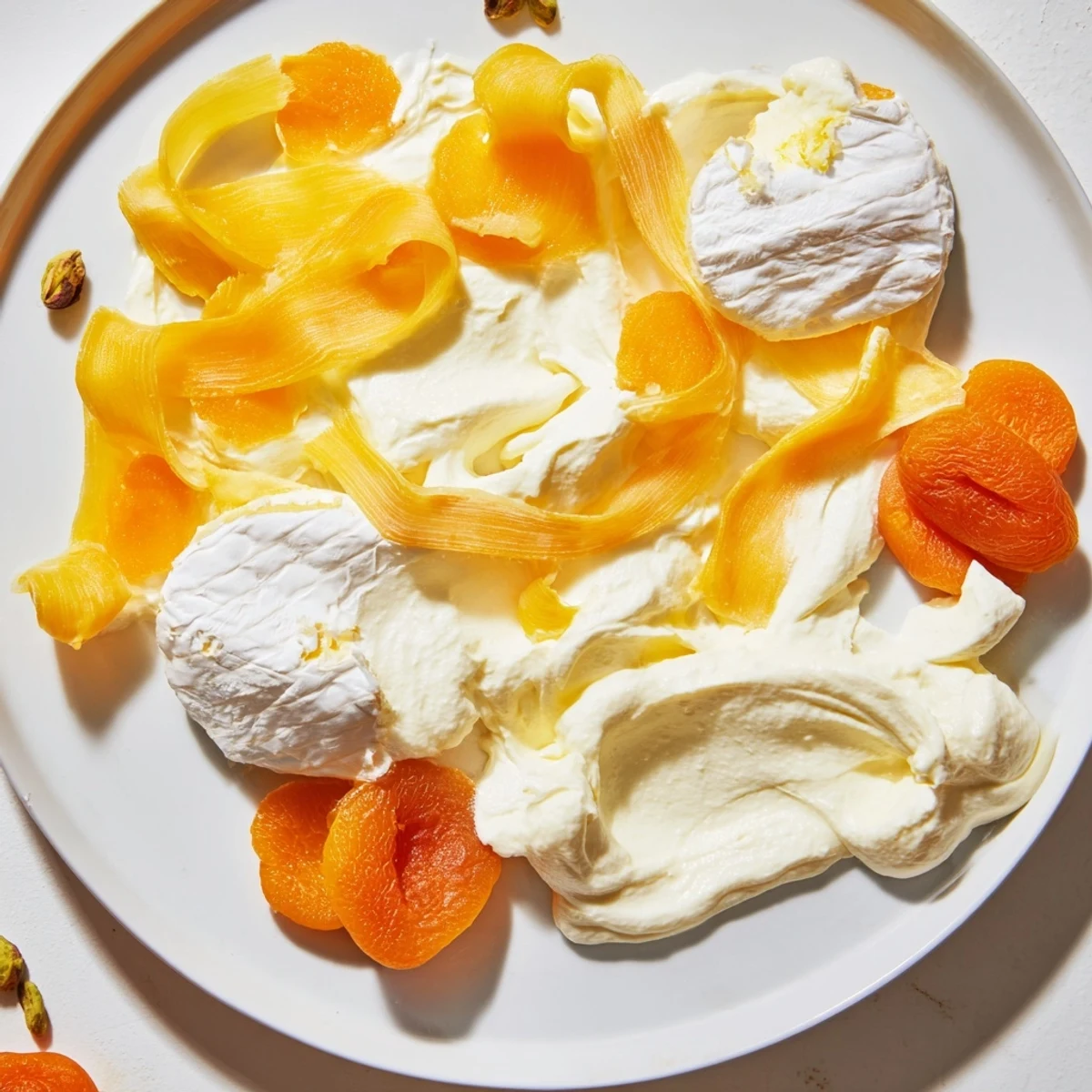 A beautiful close-up of The Saffron Silk cheese board, boasting golden, flowing textures and inviting flavors.