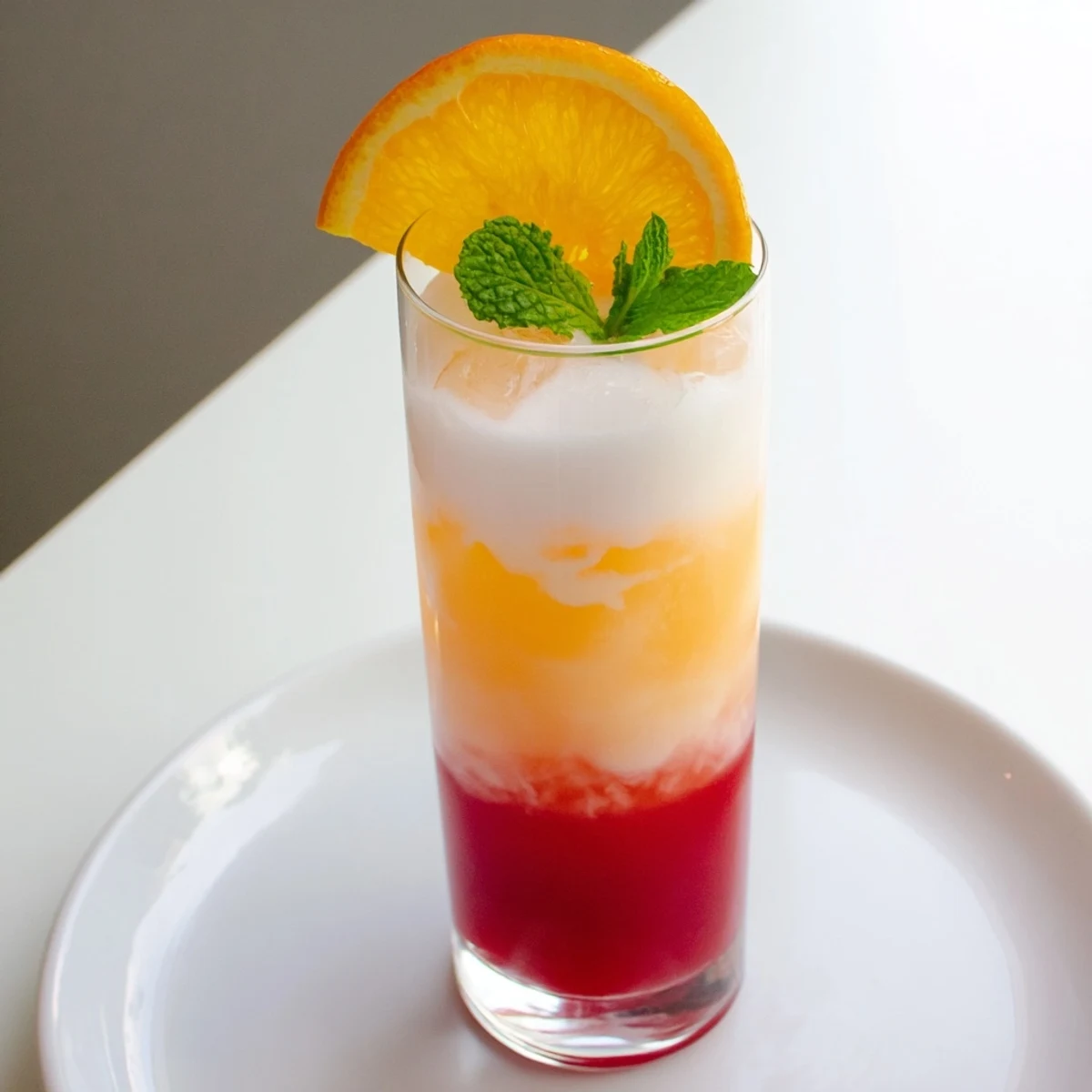 A layered Alpine Sunrise mocktail: creamy coconut base with vibrant orange and red sunrise hues.