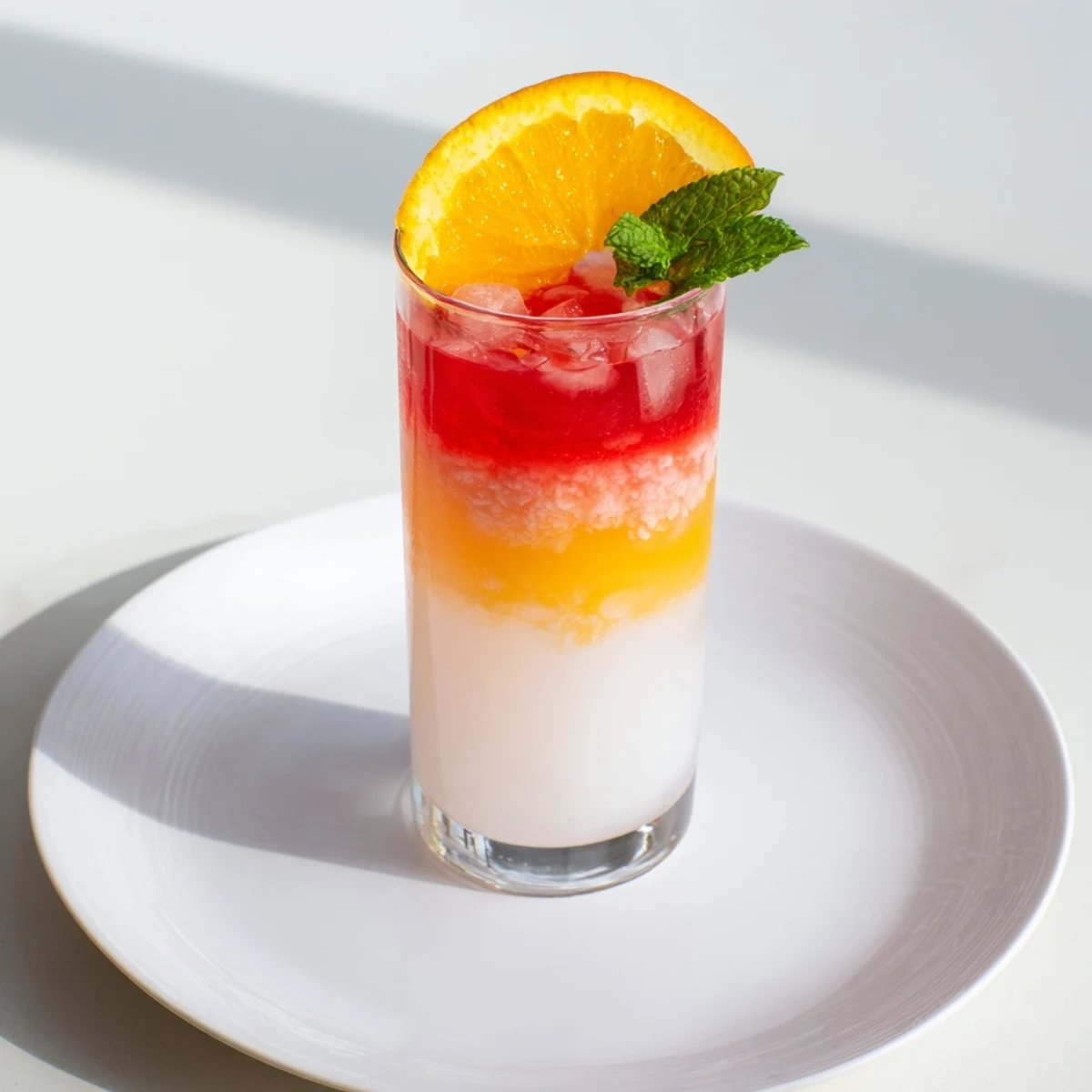 Refreshing Alpine Sunrise beverage, featuring a snow-white coconut layer and bright red finish, garnished.