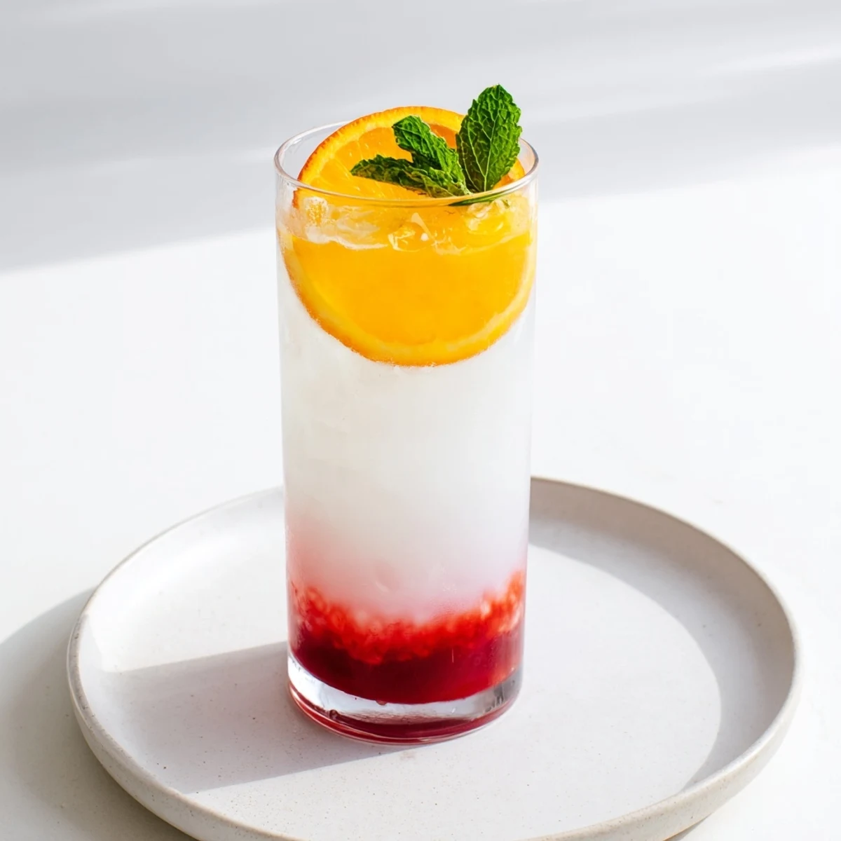 Enjoy a visually stunning Alpine Sunrise, a layered mocktail perfect for brunch or a festive occasion.