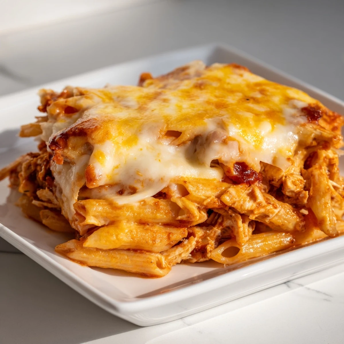 A close-up shot of a steaming moist maker pasta casserole, showcasing melted cheese and flavorful turkey.