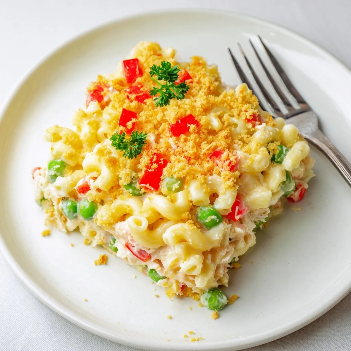 A bubbly, golden Chicken Macaroni Southern Style casserole fresh from the oven, ready to serve.