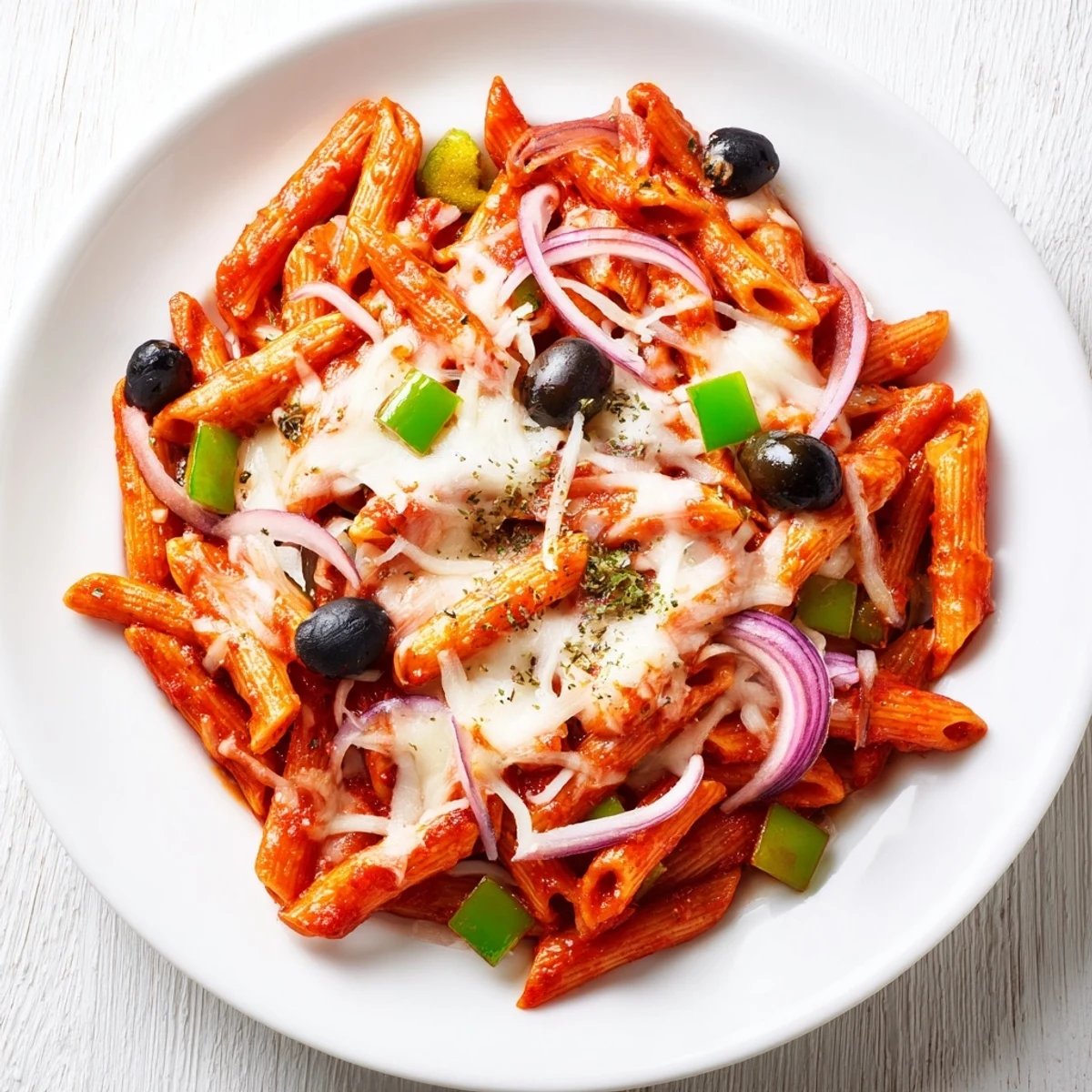 Steaming one-pot pizza pasta, bubbly cheese melting over tender pasta and pizza toppings.