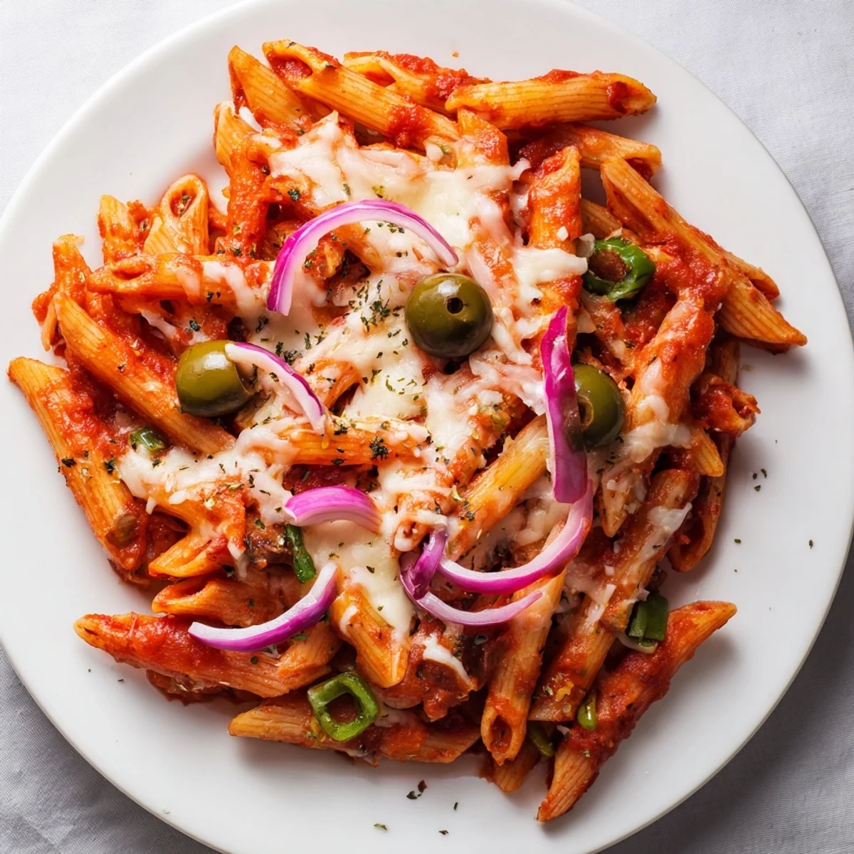 Enjoy this easy, cheesy one-pot pizza pasta with a medley of colorful pizza ingredients.