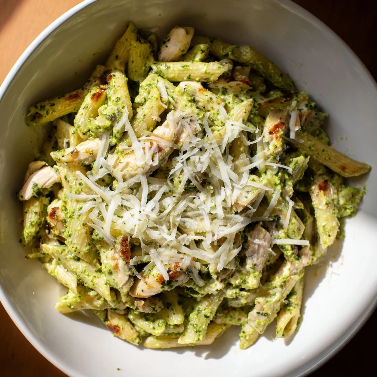 Enjoy a quick taste of the delicious 10-Minute Pesto Pasta with Chicken, garnished with fresh basil.