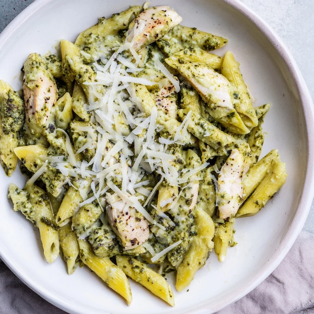 Steaming bowl of 10-Minute Pesto Pasta with Chicken, tossed in vibrant pesto and Parmesan cheese.