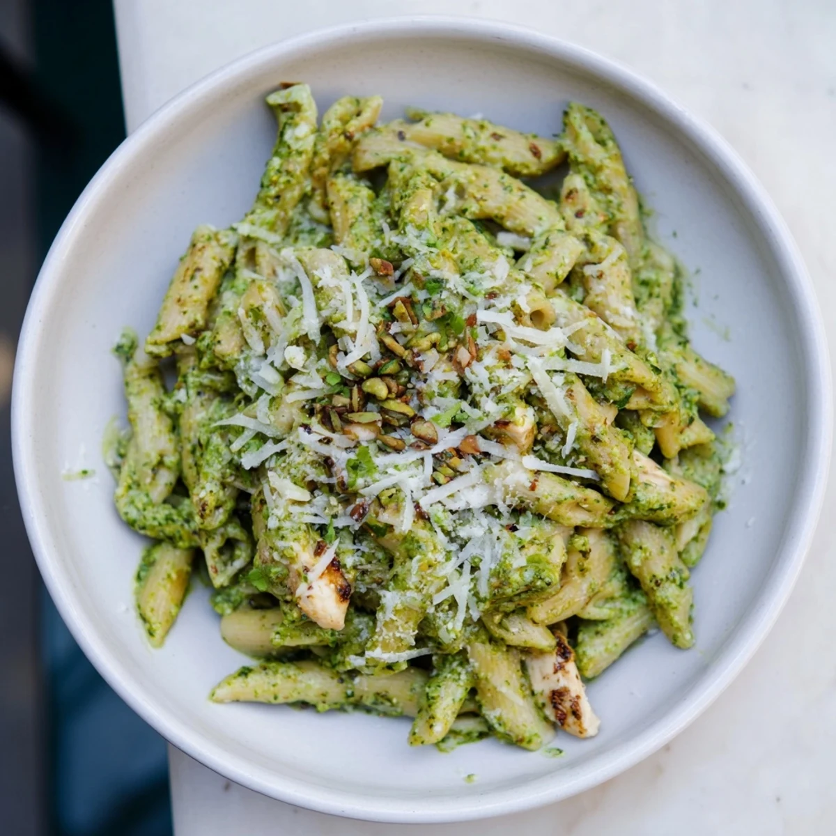 Creamy 10-Minute Pesto Pasta with Chicken, featuring rotisserie chicken, a weeknight dinner favorite.